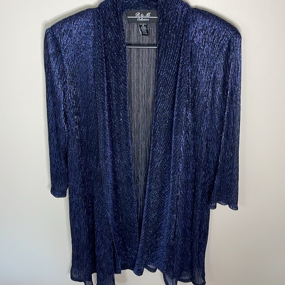R & M Collection Blue Metallic Open Waterfall Cardigan 3/4 Sleeve Size 12 - Picture 4 of 12
